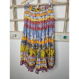 Vintage Cotton Lined Colorful Midi Skirt Coastal Town Scene Size Small